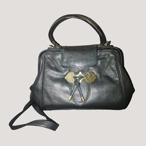 Bechamel Black Vintage Leather Handbag Western Brass Clasp Top Handle Crossbody